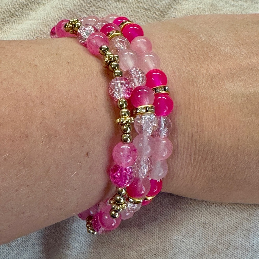 Pink and Gold Glass Beaded Bracelet Set